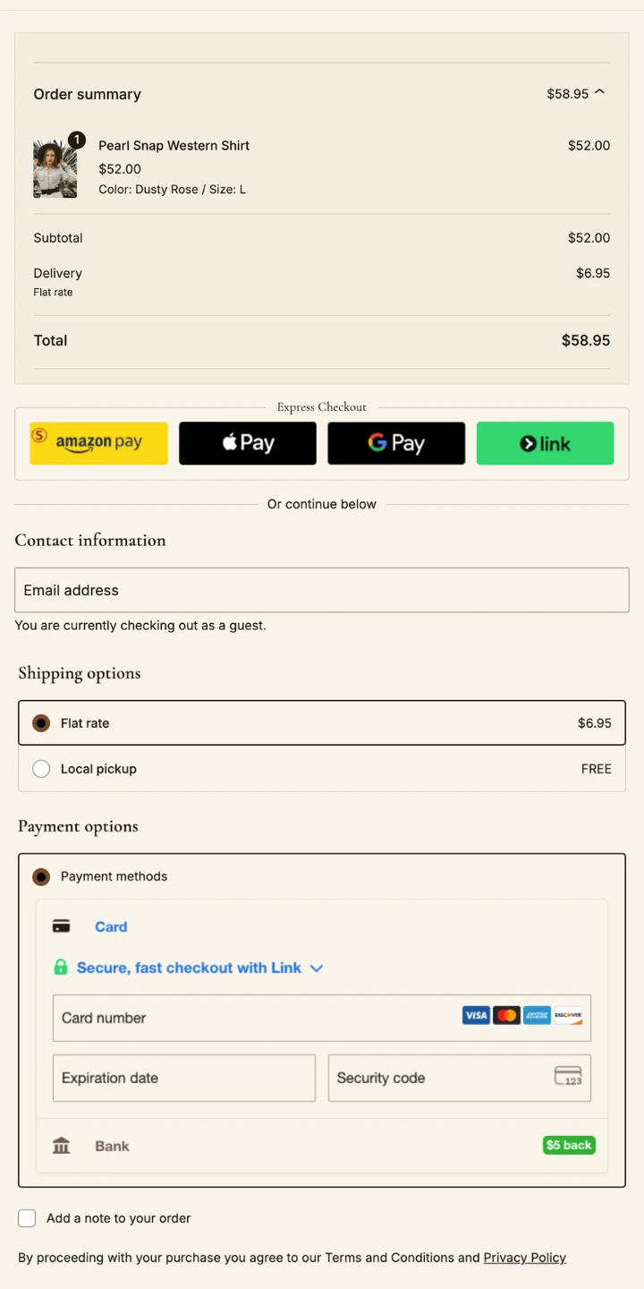 Checkout with the order summary and total