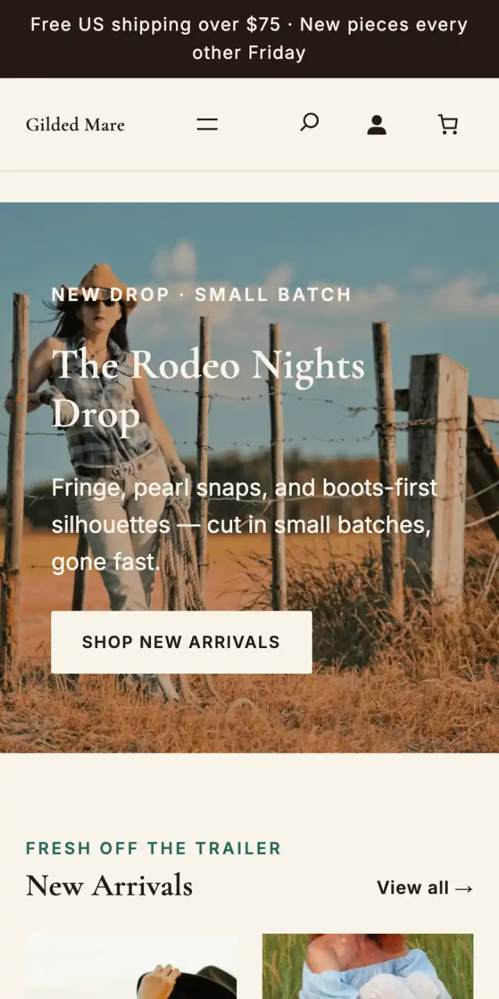 Boutique landing screen with a new drop and featured pieces on a phone
