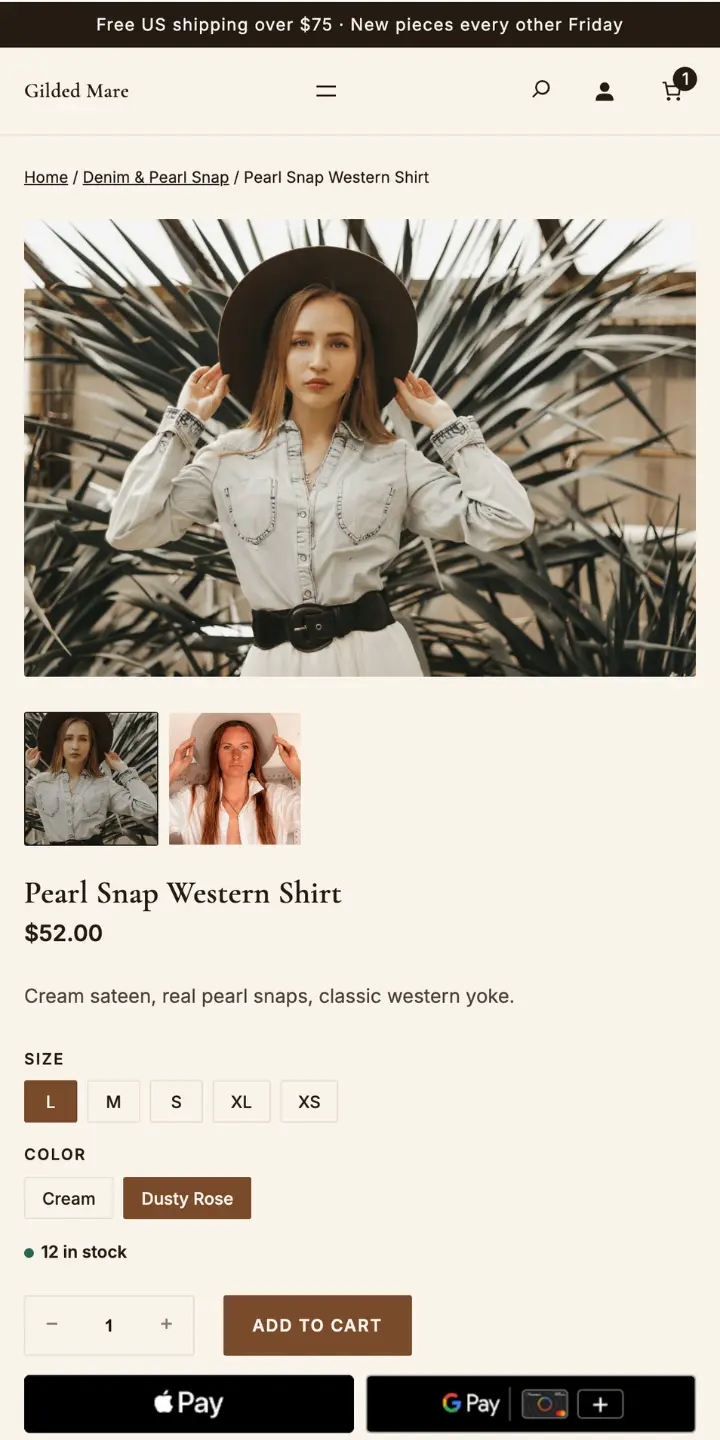 Product page with a size selected and the add-to-cart button