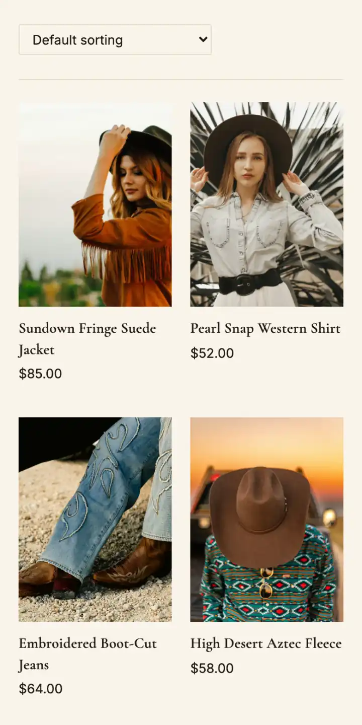 Boutique storefront with new arrivals and prices on a phone
